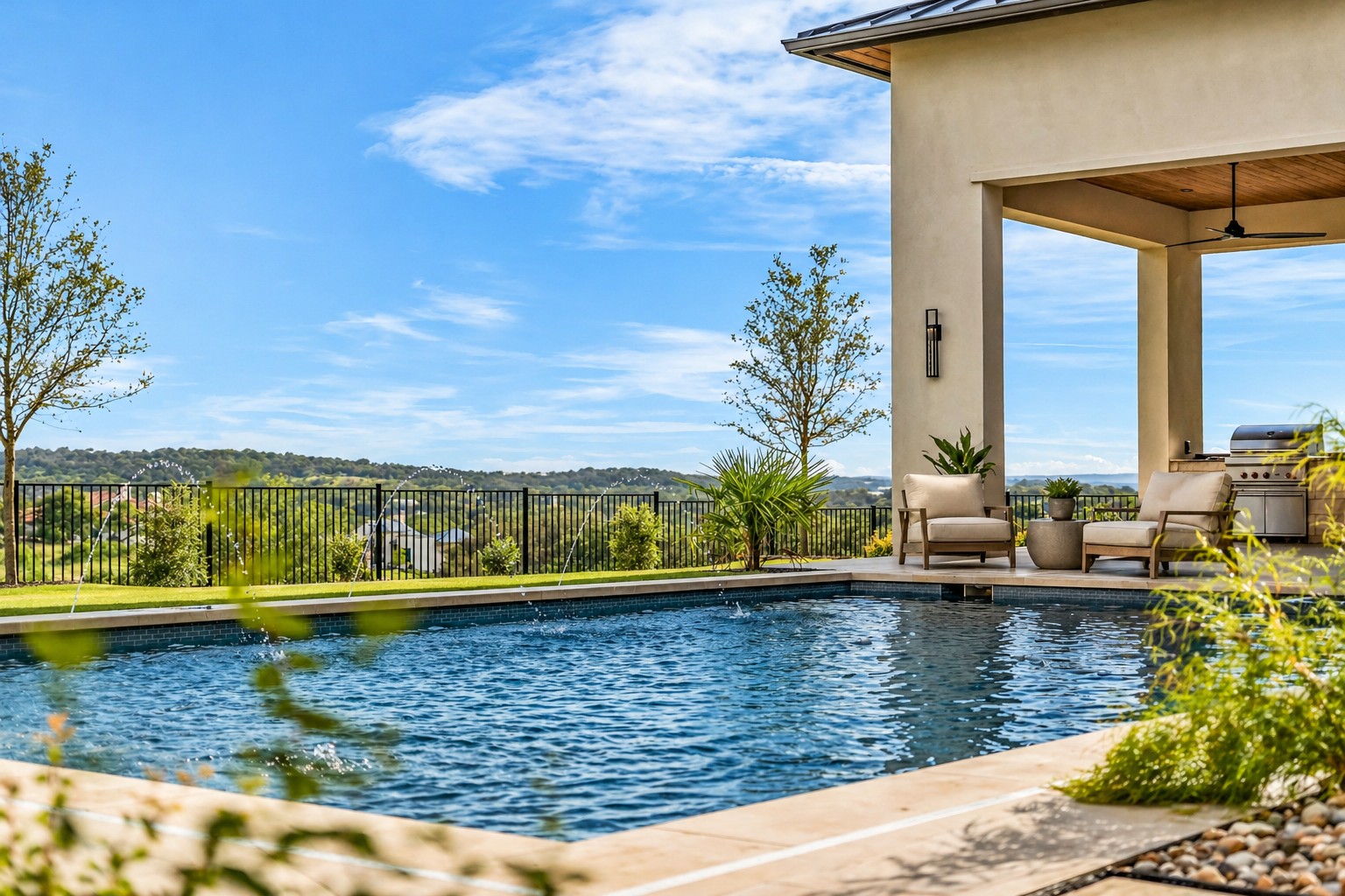 Pool, heated spa, covered patio, and Wolf BBQ grill at 1043 Overlook Parkway