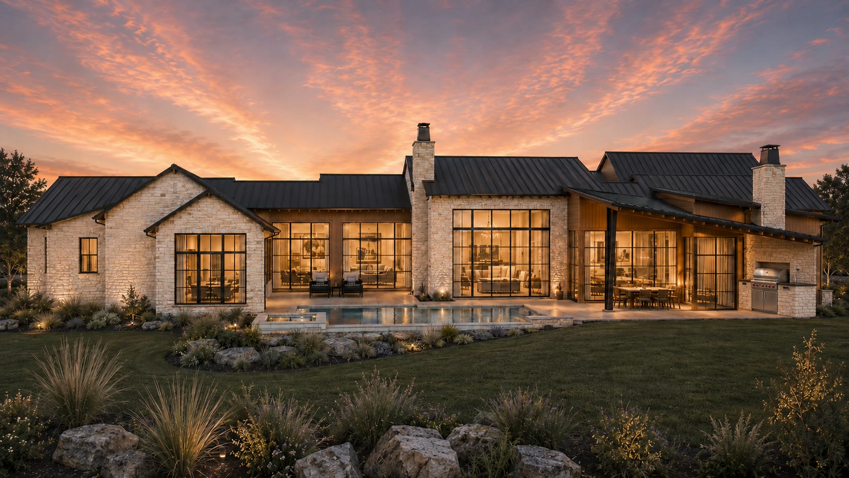 Rear elevation rendering with pool, spa, outdoor living, and Fazio Canyons views at 4408 Amarra