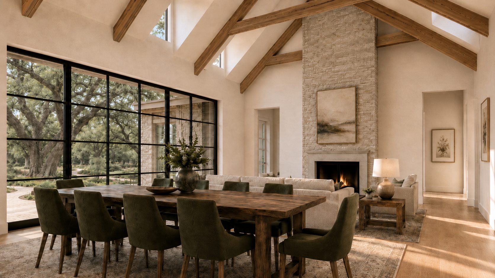 Dining and living rendering at 913 The Trails with fireplace and large windows