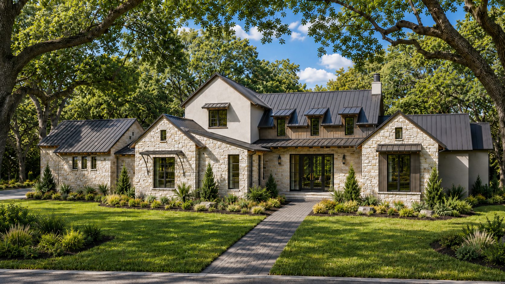 Front elevation rendering of 913 The Trails under heritage oak trees