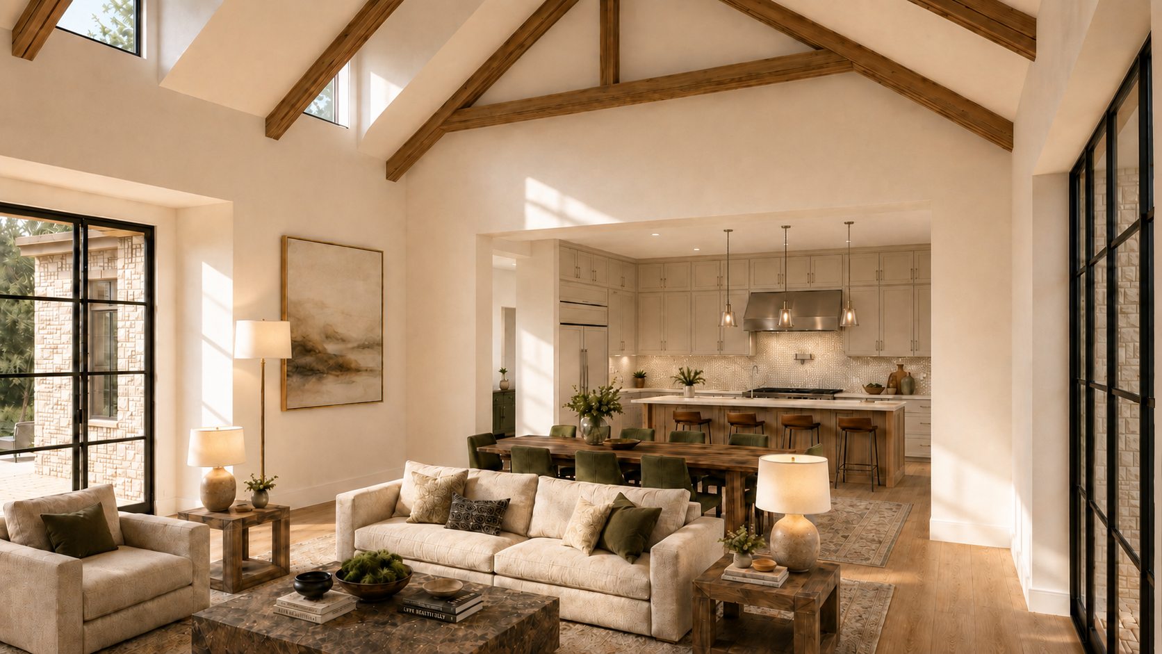 Living and kitchen rendering at 913 The Trails with vaulted ceiling and oak-filtered light