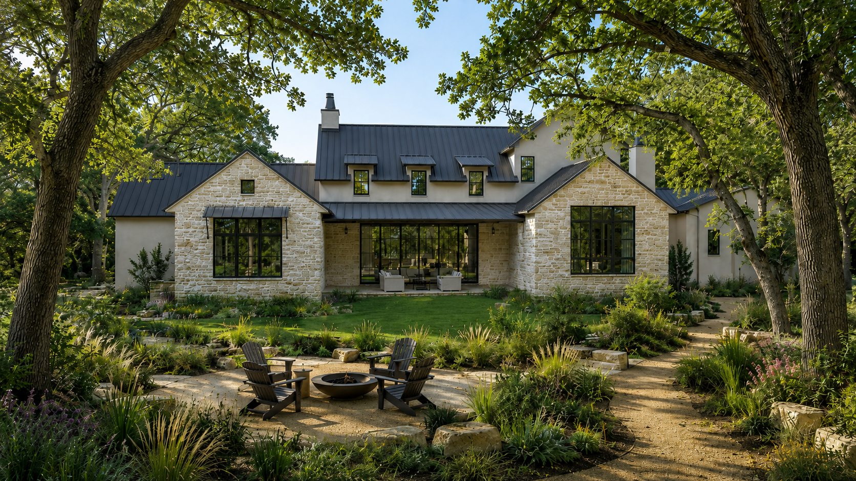 Rear elevation rendering of 913 The Trails with outdoor living beneath heritage oak trees